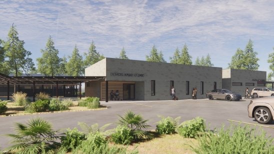 Suncoast Humane Society Veterinary Center Exterior Rending showing building and parking lot