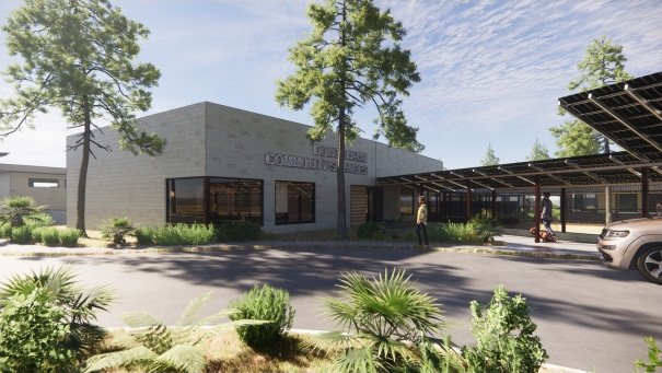 Suncoast Humane Society Community Empowerment Center Rendering showing building, covered walkaway, and driveway