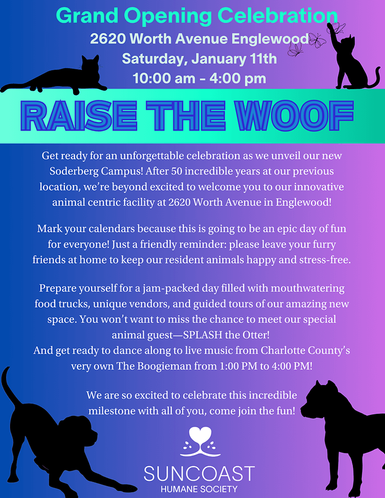 Raise the Woof Soderberg Campus Grand Opening Celebration flier